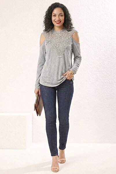 dorbe elegant women's lace trim cold shoulder long sleeve grey top blouse