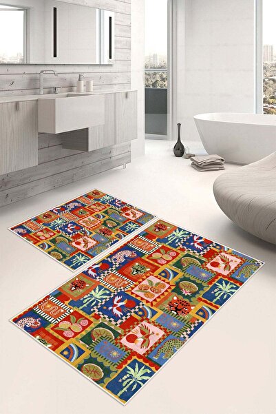 Pelura Halı Modern Hayvan Desenli Baskılı Kaymaz Taban 2li Set Banyo Paspası ...