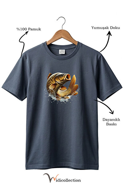 WİDİ Tricou unisex cu imprimeu Fisherman Carp, 100% bumbac, cu gât rotund, de...