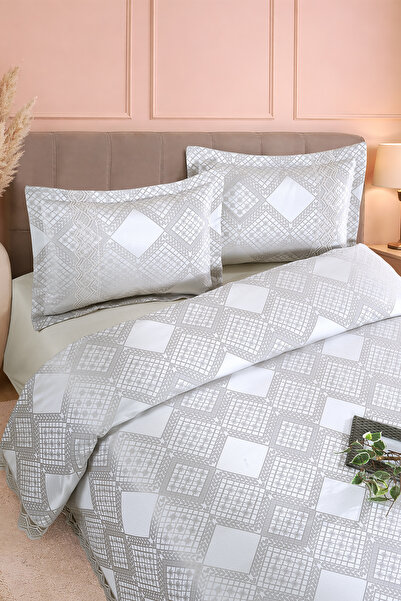 BİRHOME Likya Jakarlı Fransız Dantelli Modern Çift Kişilik Yatak Örtüsü Takımı 240x250cm (gri)