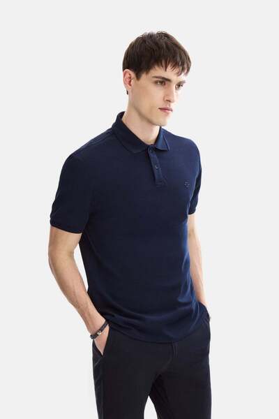 Back And Bond Dark Navy Blue Regular Fit Knitted Polo Neck T-Shirt