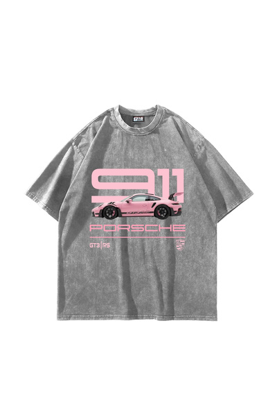 Sekizbiraltı 911 Pink Baskılı Oversize Unisex Yıkamalı Beyaz Tshirt