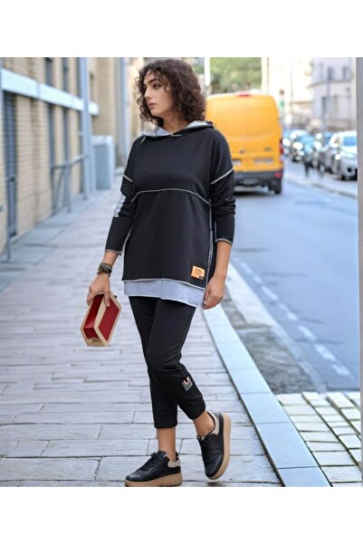 Wear Up Γυναικεία Μαύρη Κουκούλα Λεπτομέρεια Εθνόσημο Αντεστραμμένη Ραφή Διπλ...