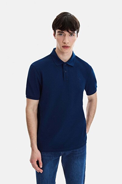 Back And Bond Navy Blue Regular Fit Knitted Polo Neck T-Shirt
