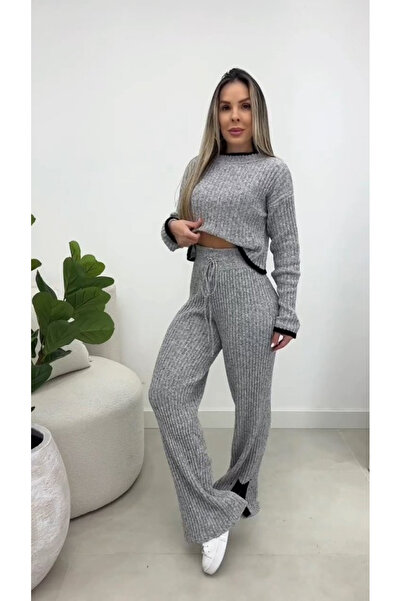 Wear Up Γυναικείο μακρυμάνικο κοντό πλεκτό σετ μπλούζα και παντελόνι δύο τεμα...