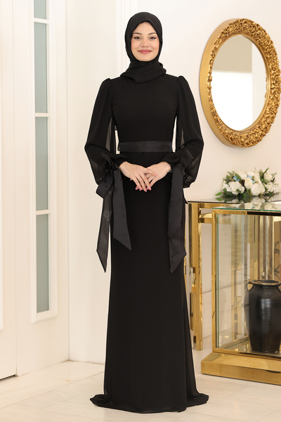 AHUNUR Tesettürde Mutluluk Turquoise Hijab Evening Dress with Belt