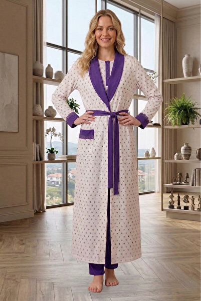 Lohusa Homewear طقم بيجامة نسائي بياقة شال أرجوانية وأزرار وأكمام طويلة ومقاس...