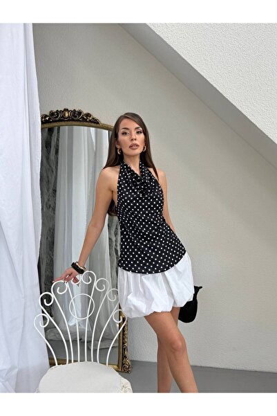 Cistern İstanbul Γυναικεία μπλούζα με λεπτομέρεια δέσιμο στο λαιμό και πουά σ...