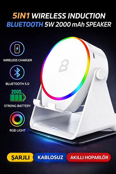 Ecuy 5W İndüksiyonlu Bluetooth Hoparlör 2000mAh RGB Işıklı Standlı Telefon Se...