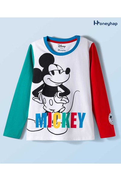 Honeyhap Single Jersey Knit Full Sleeves Top with Mickey Mouse Graphic & Badg...