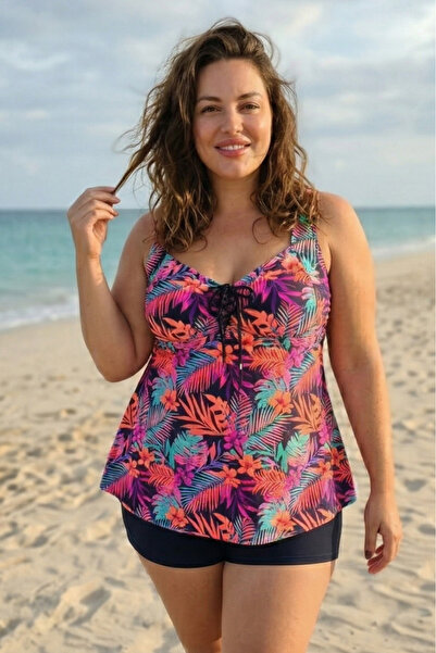 embody Women's tankini swimsuit, navy blue with floral print and shorts F2504