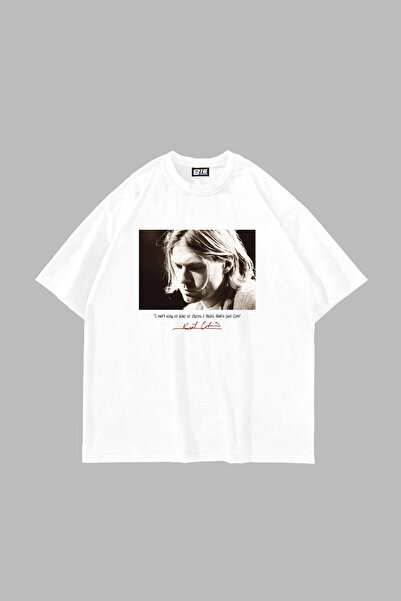 Sekizbiraltı Λευκό μπλουζάκι με στάμπα Kurt Cobain, Oversize, Unisex