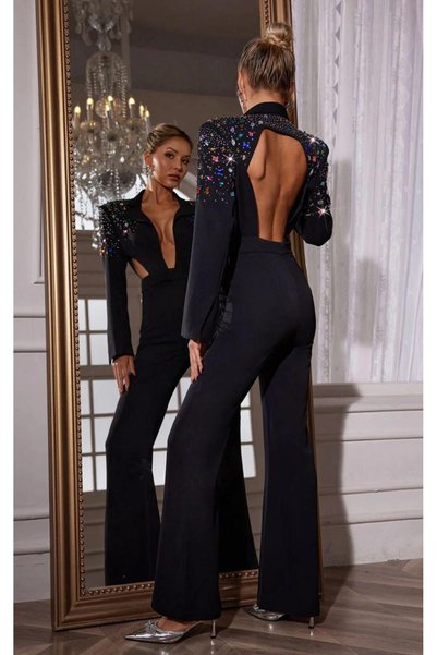 Zaghou Backless Diamond Long Sleeve Jumpsuit
