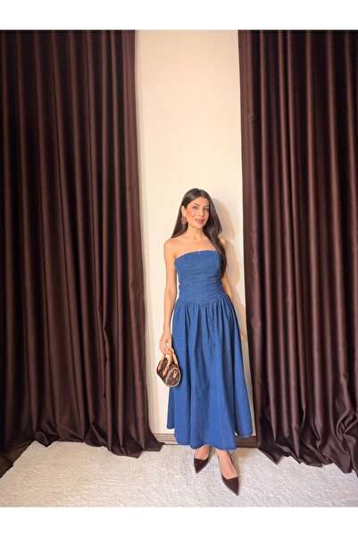 LOISY Γυναικείο φόρεμα τζιν με πλισέ μέση και στράπλες