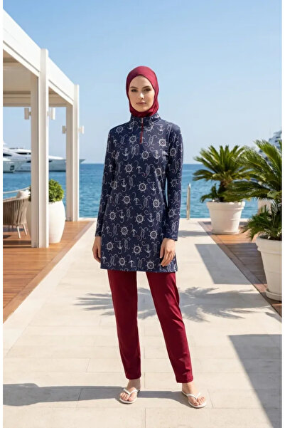 sefamerve Μαγιό με σχέδιο άγκυρας και μανίκια 2607-01 Ναυτικό μπλε