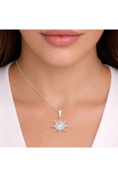 AXXION Sun Model Steel Necklace Silver Color Zircon Stone Minimal Stylish Women's Necklace