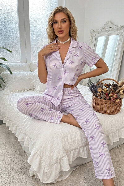 BELLA NOTTE Σετ καλοκαιρινών πιτζαμών με μαλακό σχέδιο φιόγκου σε λιλά απόχρωση