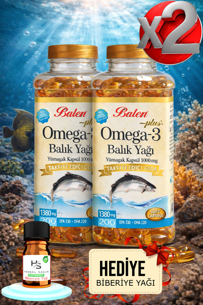 Balen 2 Adet Omega 3 Balık Yağı Yumuşak Kapsül 1380 Mg 200 Adet Takviye Edici...