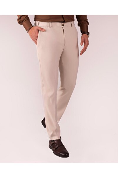 TerziAdemAltun İtalyan stil slim fit bel detaylı erkek pantolon bej T13951