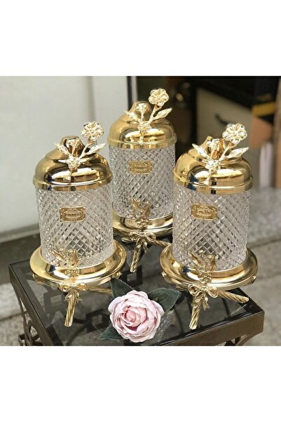 Empressco GOLD PİRİNÇ AYAKLI LÜX KRİSTAL KAVANOZ 3’LÜ SET