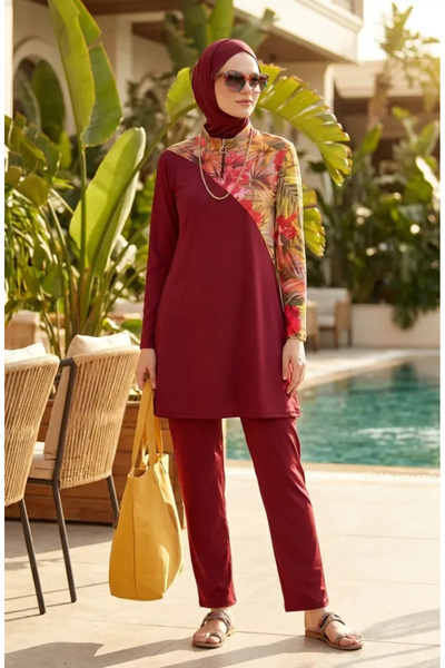 sefamerve Μαγιό με σχέδια και λεπτομέρεια με φερμουάρ, Χρώμα Βουργουνδίας 260...