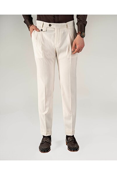 TerziAdemAltun İtalyan stil slim fit erkek bel detaylı pantolon ekru T20036-05