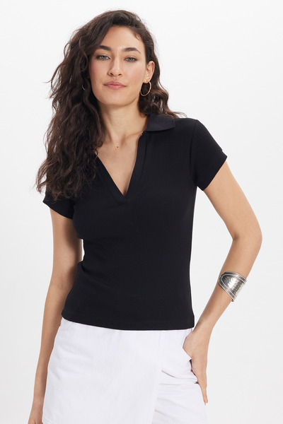 Tudors Kadın Slim Fit Dar Kesim Pamuklu Kısa Kollu Siyah Polo Yaka Tişört