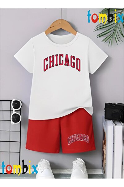 tombix Chicago Red Printed T-Shirt Shorts Summer Children's Set