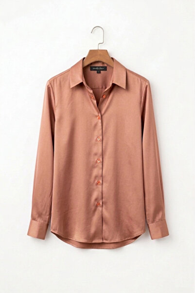 Moda Days Γυναικείο καφέ σατέν πουκάμισο με μακριά μανίκια, κομψό κλασικό γρα...