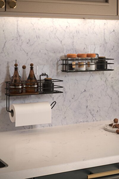Empressco Black Adhesive Spice Rack 2 Li Metal Paper Towel Holder Spice Stand...