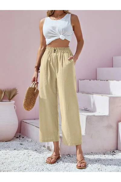 Wear Up Women's Waist Drawstring and Button Detail Capri Linen Trousers