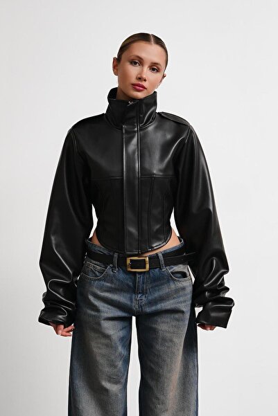 MEECY Νέα Συλλογή Γυναικείο Δερμάτινο Μπουφάν Dik Yaka Motorcu Crop