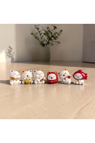 HEDİYE FİKRİ Şanslı Kedi 6’lı Set Maneki Neko Dekoratif Masa ve Araba Süsü Biblo