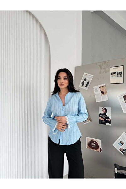 Elaxi Γυναικείο κομψό πουκάμισο από ύφασμα ζακάρ με ριγέ μανίκια και λεπτομέρ...