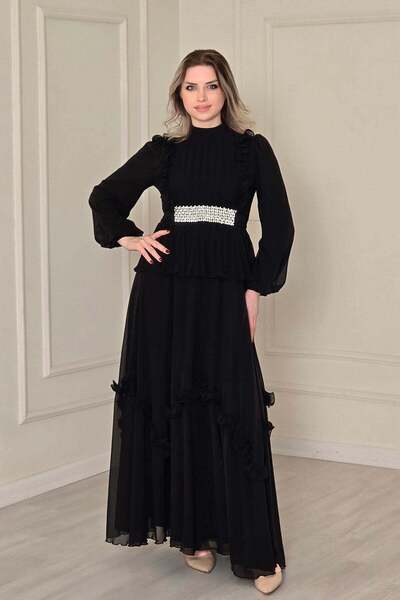 Yonca Moda Evi Siyah Drapeli Tesettür Abiye 4881