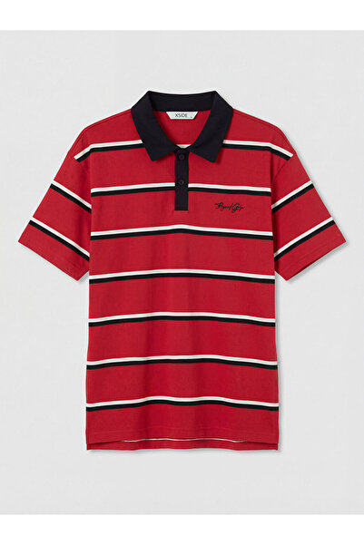 LC Waikiki Red Polo Collar Striped Men's T-Shirt