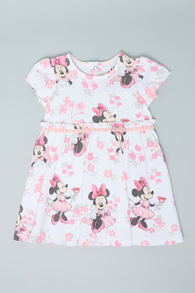 R&B Minnie Mouse Print Fit & Flare Dress with Crew Neck and Short Sleeves