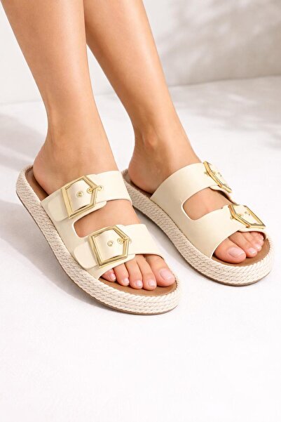 Saadet Kaya Butik Women's Beige High-Sole Buckle Slippers