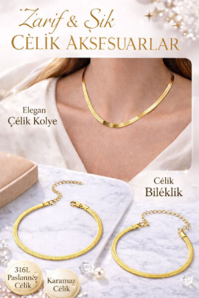 Gold Çelik Kolye & Bileklik Set – Minimal Şık Kombin (Kararmaz)