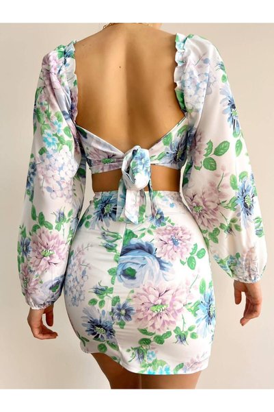 MODA GARDEN 35 Ar66 Backless Tie Detail Floral Pattern Mini Dress