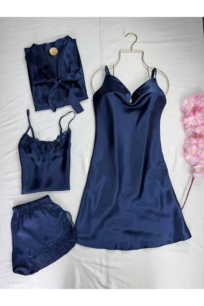 ROZENİN LINGERIE 4-Piece Satin Dressing Gown Nightgown Pajama Set Dowry Set