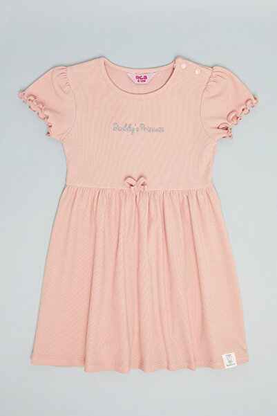 R&B Embroidery Detail Flared Dress with Crew Neck and Puff Sleeves