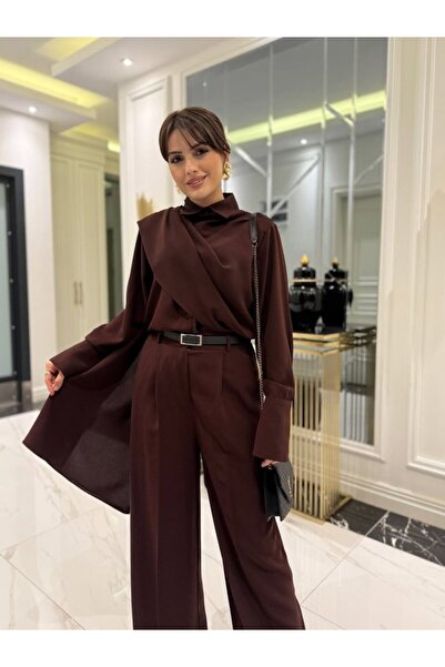 Wear Up طقم نسائي مكون من بلوزة وبنطلون بأكمام طويلة وتفاصيل شال (الحزام غير ...