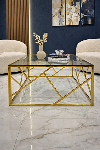 Generic طاولة قهوة مربعة مودرن بسطح زجاجي وإطار هندسي ذهبي فاخر – 100×100 سم