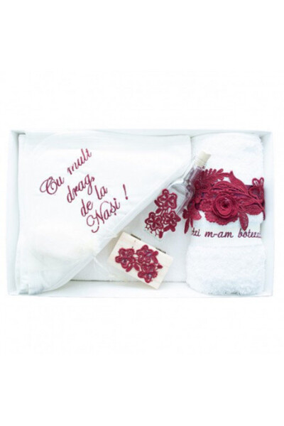 HUGBEBE Set trusou de botez cu mesaj și dantelă bordo, 7 piese