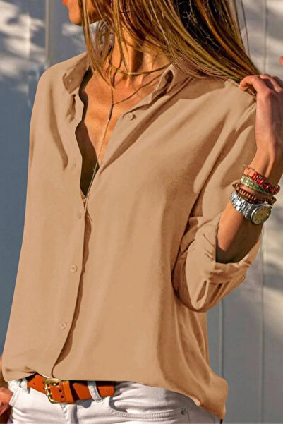 bysoca Γυναικείο μπεζ μονόχρωμο υφαντό μακρυμάνικο πουκάμισο με μανσέτες και ...