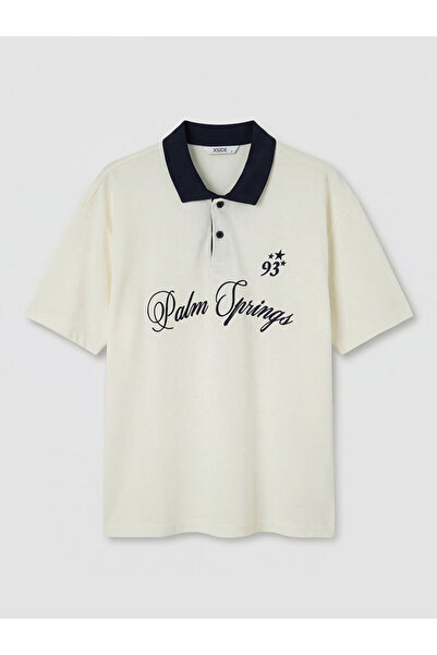 LC Waikiki Ecru Polo Collar Embroidered Men's T-Shirt