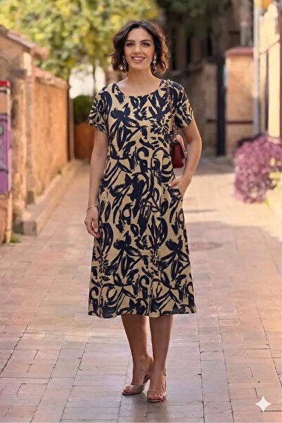 Nevin Kaya Moda Κρεμ μπλε ναυτικό φόρεμα με στρογγυλή λαιμόκοψη και σχέδιο σε...