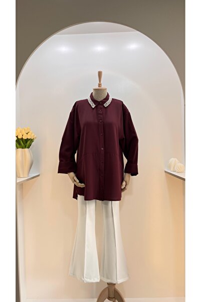 Nuesscollection Yaka Taşlı Tesettür Gömlek (RAHAT KALIP)
