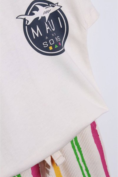 Motebarn Wear Boys' Seersucker Fabric Colorful Striped Pants and Printed T-Shirt Two-Piece Set
